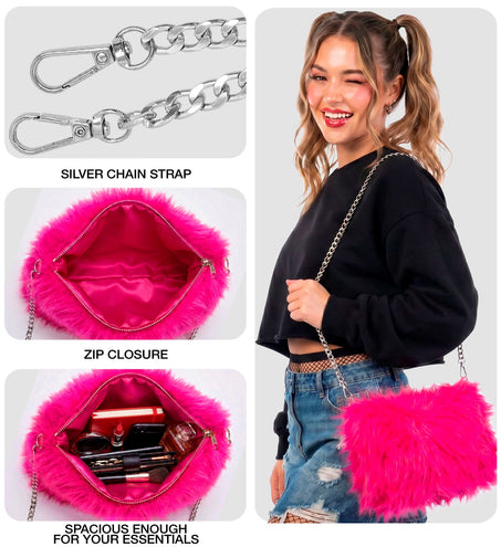 Handtas neon roze pluche detail: rits, roze voering en zilveren karabijnhaken