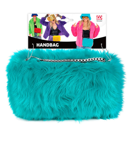 Handtas pluche azuurblauw op verpakkingskaart, langharig nepbont met ketting
