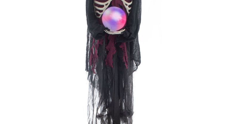 Hangdeco skelet met lamp van 160 cm in zwart gaas met capuchon en oplichtende bol voor Halloween