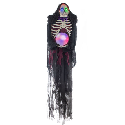 Hangdeco skelet met lamp van 160 cm in zwart gaas met capuchon en oplichtende bol voor Halloween