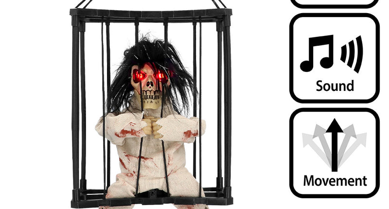 Hangdecoratie Jail house ghost LED met rood oplichtende ogen in zwarte kooi, voor Halloween