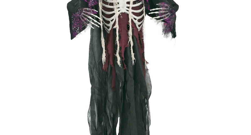 Hangdecoratie skelet 160 cm met paars haar, zwart gerafeld gewaad en spinnenwebmouwen voor Halloween