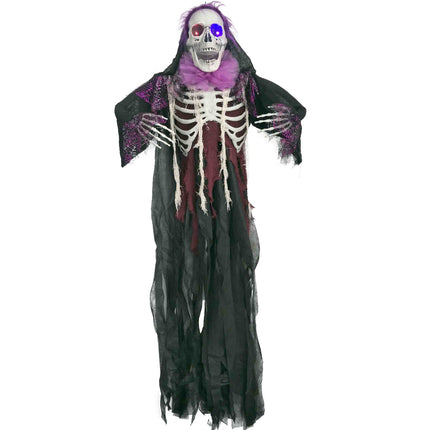 Hangdecoratie skelet 160 cm met paars haar, zwart gerafeld gewaad en spinnenwebmouwen voor Halloween