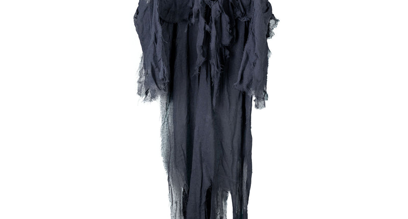 Hangdecoratie skelet 170 cm met zwarte gaasmantel, capuchon en roze oplichtende ogen voor Halloween