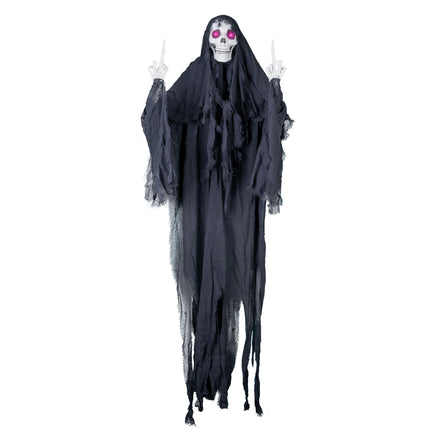 Hangdecoratie skelet 170 cm met zwarte gaasmantel, capuchon en roze oplichtende ogen voor Halloween