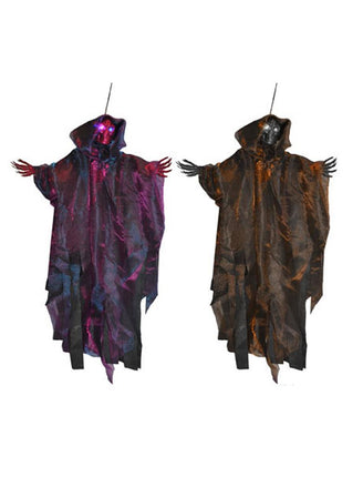 Hangdecoratie zombie 120 cm in paars en oranje met skeletkop, capuchon en gerafelde gaasmantel voor Halloween