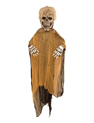 Hangdecoratie zombie van 180 cm met skeletkop, oranje gaasmantel en botvingers voor Halloween