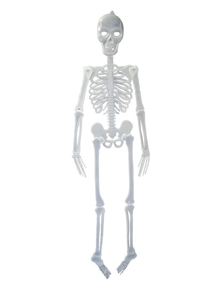 Hangend geraamte decoratie wit kunststof van 150 cm met ophangoog op de schedel, voor Halloween