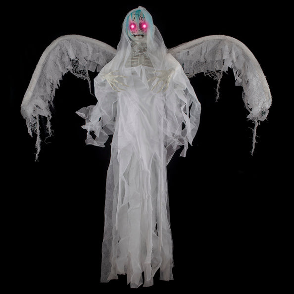 Hangend spook 120 cm met witte gaasvleugels, oplichtende roze ogen en skelethanden voor Halloween