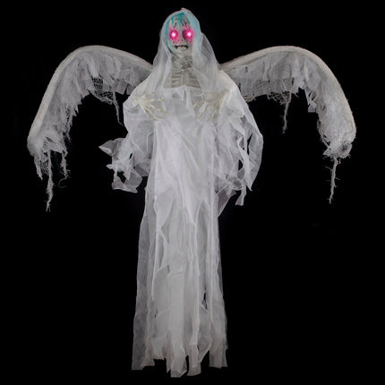 Hangend spook 120 cm met witte gaasvleugels, oplichtende roze ogen en skelethanden voor Halloween