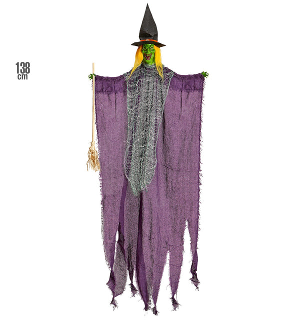 Hangende heksdecoratie van 138 cm met zwarte punthoed, geel haar en strobezem