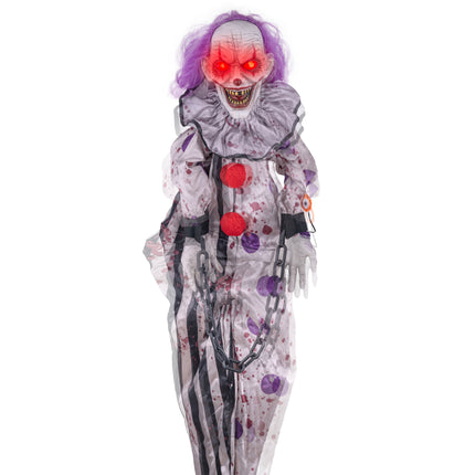 Hangende horrorclown met rood oplichtende ogen, halloweendecoratie om op te hangen