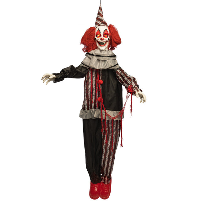 Hangende killer clown Mad giggles met rood haar, gestreepte puntmuts en grijze ruchekraag