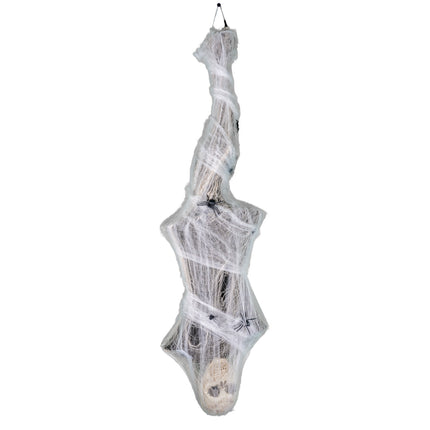 Hangende mummiedecoratie van 165 cm in wit gaasdoek met zwarte spinnen en ophangkoord voor Halloween