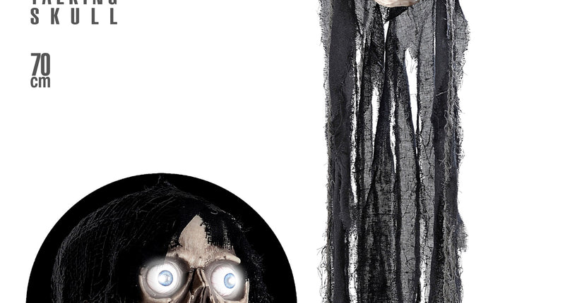 Hangende schedel met bewegende kaak en blauwe ogen onder zwarte gaaslappen, 70 cm halloweendecoratie