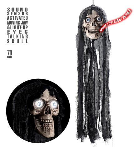 Hangende schedel met bewegende kaak en blauwe ogen onder zwarte gaaslappen, 70 cm halloweendecoratie