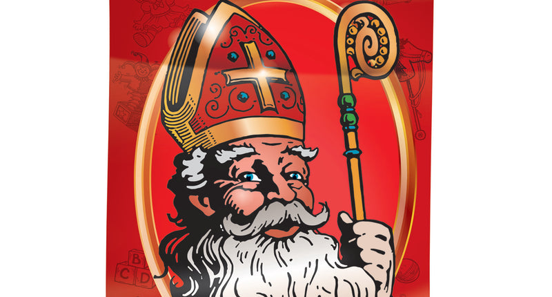 Hangende vlag Sinterklaas rood met mijter, staf en getekend speelgoed, voor pakjesavond
