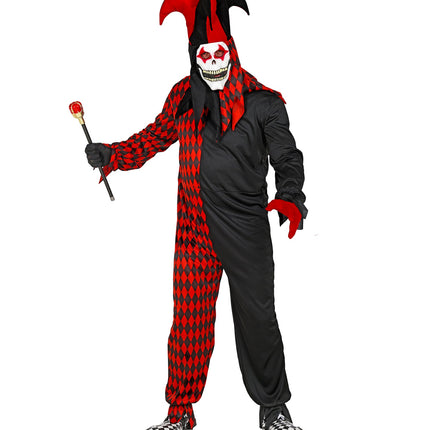 Harlekijnspak heren van voren: zwarte helft en rood-zwart ruitpatroon met wit doodshoofdmasker