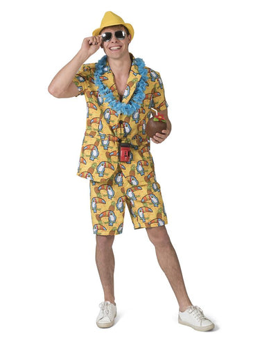 Hawaii pak Toekan heren in geel met toekans en ananassen, blouse en korte broek voor een hawaiifeest