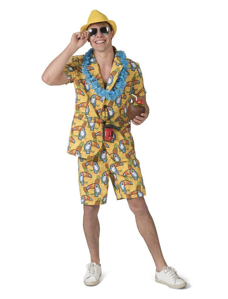Hawaii pak Toekan heren in geel met toekans en ananassen, blouse en korte broek voor een hawaiifeest