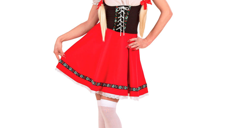 Heidi dirndl jurkje dames met rode rok, zwart lijfje en witte pofmouwen voor Oktoberfest