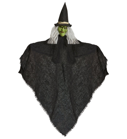 Heks decoratie Halloween 50cm met groen gezicht, zwarte punthoed en gerafelde zwarte gaasmantel