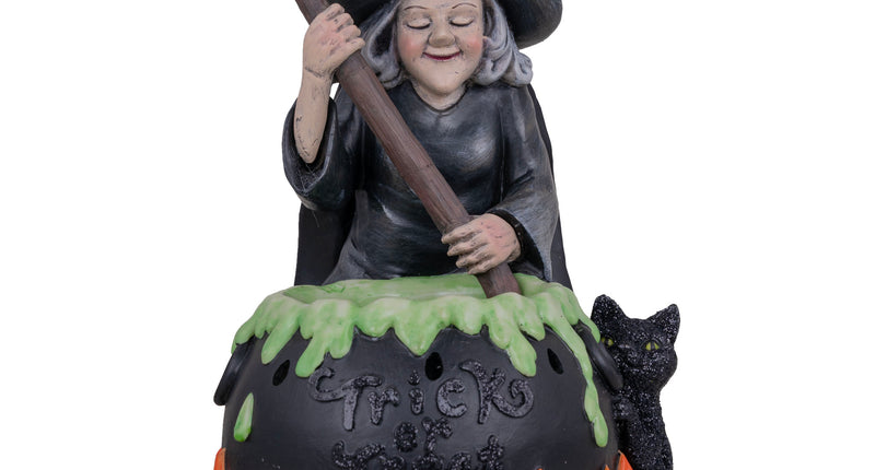 Heks met kookpot decoratie met zwarte punthoed, bezem, groen druipende ketel en zwarte kat voor Halloween