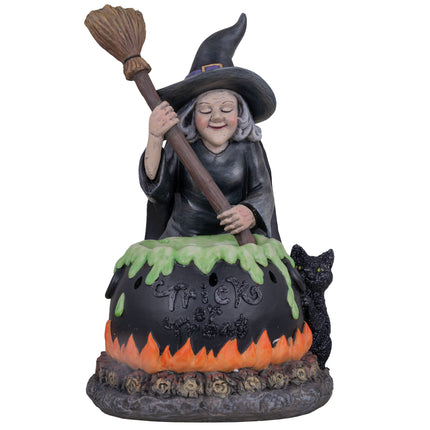Heks met kookpot decoratie met zwarte punthoed, bezem, groen druipende ketel en zwarte kat voor Halloween