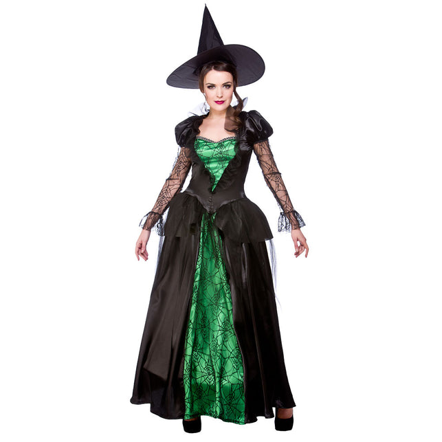 Heksen koningin jurk dames, zwarte jurk met groen spinnenwebpaneel en punthoed voor Halloween