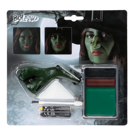Heksen schminkset met groene heksenneus, vetschmink in groen, zwart en rood, spons en applicator voor Halloween