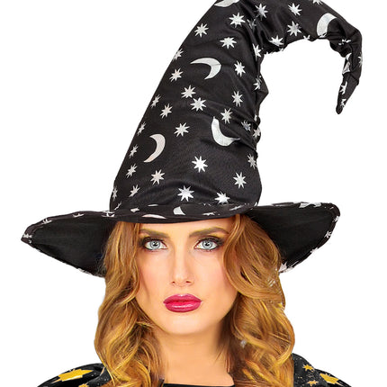 Heksenhoed Vera op dames model, zilveren sterrenprint op zwarte kegel, voor Halloween