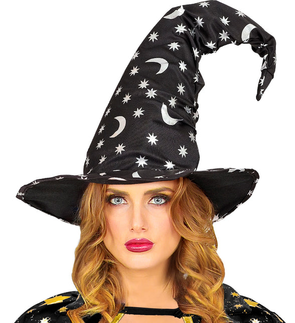 Heksenhoed Vera op dames model, zilveren sterrenprint op zwarte kegel, voor Halloween