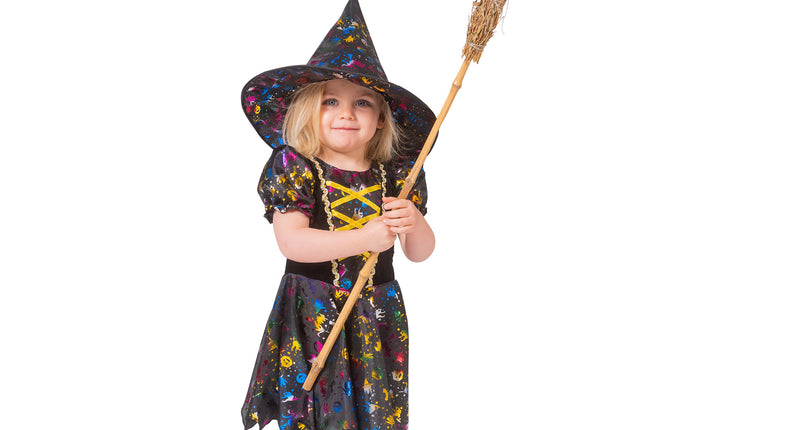 Heksenjurk baby Wanda: zwarte jurk met kleurige heksenprint en punthoed voor Halloween