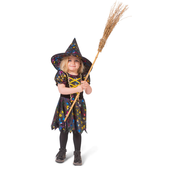 Heksenjurk baby Wanda: zwarte jurk met kleurige heksenprint en punthoed voor Halloween