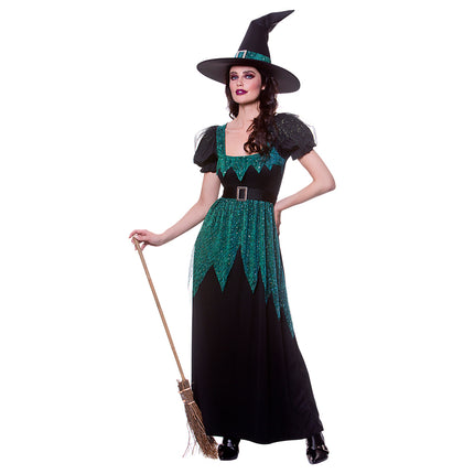 Heksenjurk Emerald dames, lange zwarte jurk met groene glitterpunten en taillegesp voor Halloween
