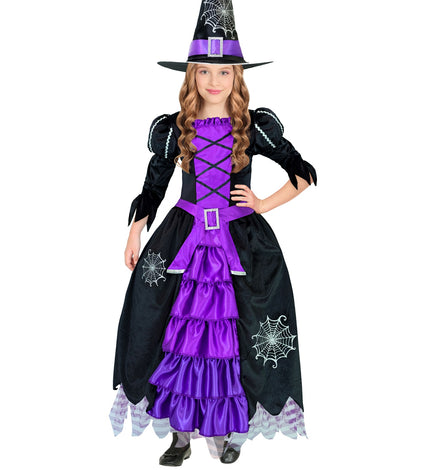Heksenjurk kind zwart paars met paarse rijgveters, ruches en punthoed met spinnenwebprint voor Halloween