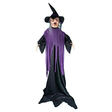 Heksenpop 205 cm met zwarte punthoed, paarse gerafelde omslagdoek en lange zwarte jurk voor Halloween