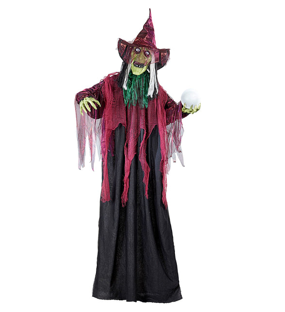 Heksenpop decoratie van 170 cm met groen gezicht, bordeauxrode lappen en zwarte rok voor Halloween