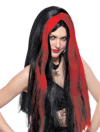 Heksenpruik zwart rood met lang steil haar en brede rode lokken langs het gezicht, voor Halloween