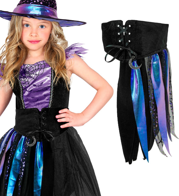 Heksenriem meisjes zwart korset met maanhanger en blauw-paarse stroken, voor Halloween