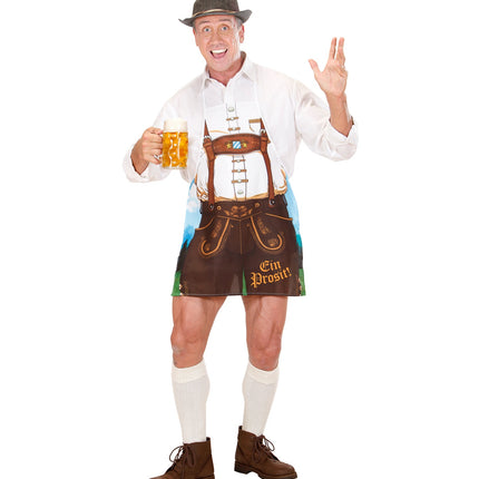 Heren Oktoberfest schort met lederhose-print, gedragen met witte bloes, kniekousen en tirolerhoed