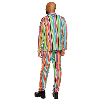 Herenkostuum Mr Groovy op de rug gezien, doorlopende streepprint over jasje en lange broek