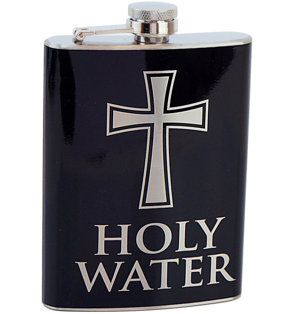 Heupfles Holy Water zwart staal met zilverkleurig kruis en schroefdop aan beugel