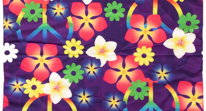 Hippie zakdoek paars met roze, gele en witte bloemen en regenboogkleurige peacetekens, 70 x 70 cm
