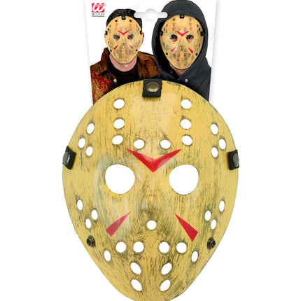Hockeymasker killer van hard kunststof in verpakking met voorbeeldfoto's voor Halloween