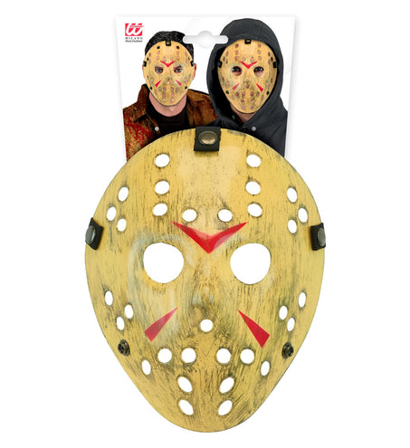 Hockeymasker killer van hard kunststof in verpakking met voorbeeldfoto's voor Halloween