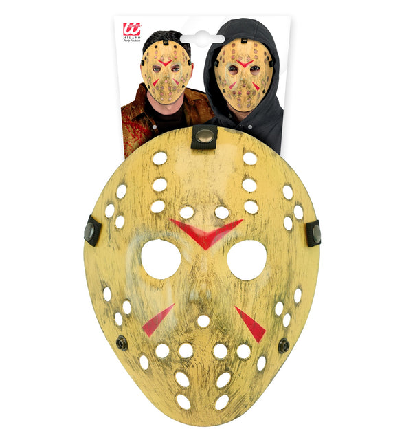 Hockeymasker killer van hard kunststof in verpakking met voorbeeldfoto's voor Halloween