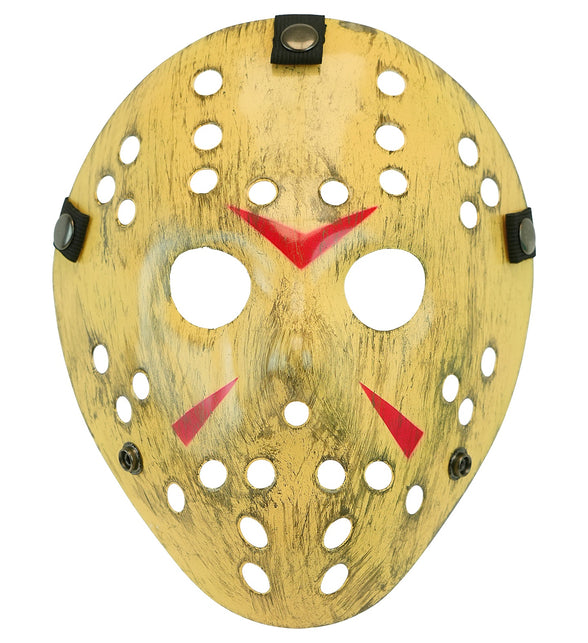 Hockeymasker killer in vergeeld geel met rode strepen, luchtgaten en zwarte bandjes met drukknopen