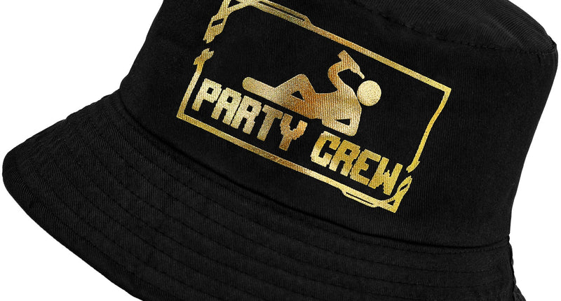 Hoed bucket party crew in zwart met gouden opdruk, vooraanzicht van de zwarte bucket hoed