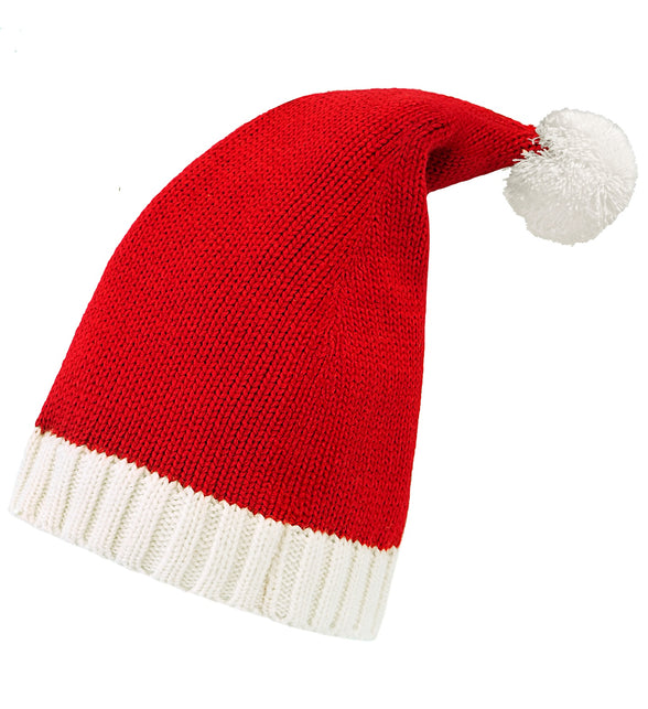 Hoed kerstman gebreid in rood met witte ribboord en witte pompon aan de lange punt